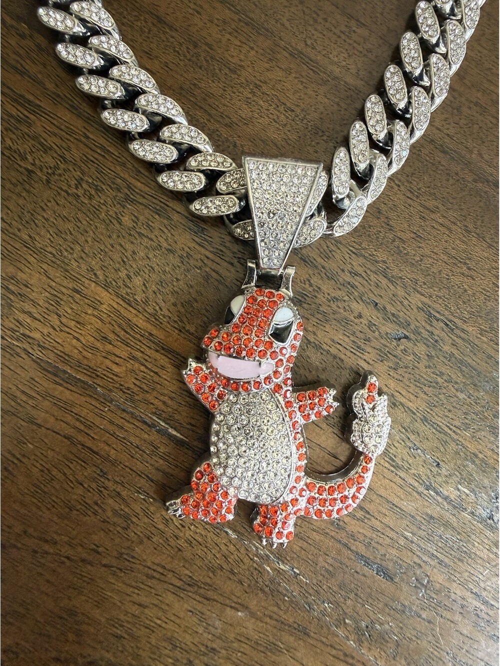 Pokemon Charmander Iced Out Pendant Silver Tone Cuban Chain Necklace CZ